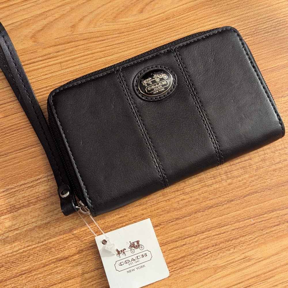Coach Black Leather Wristlet with Logo